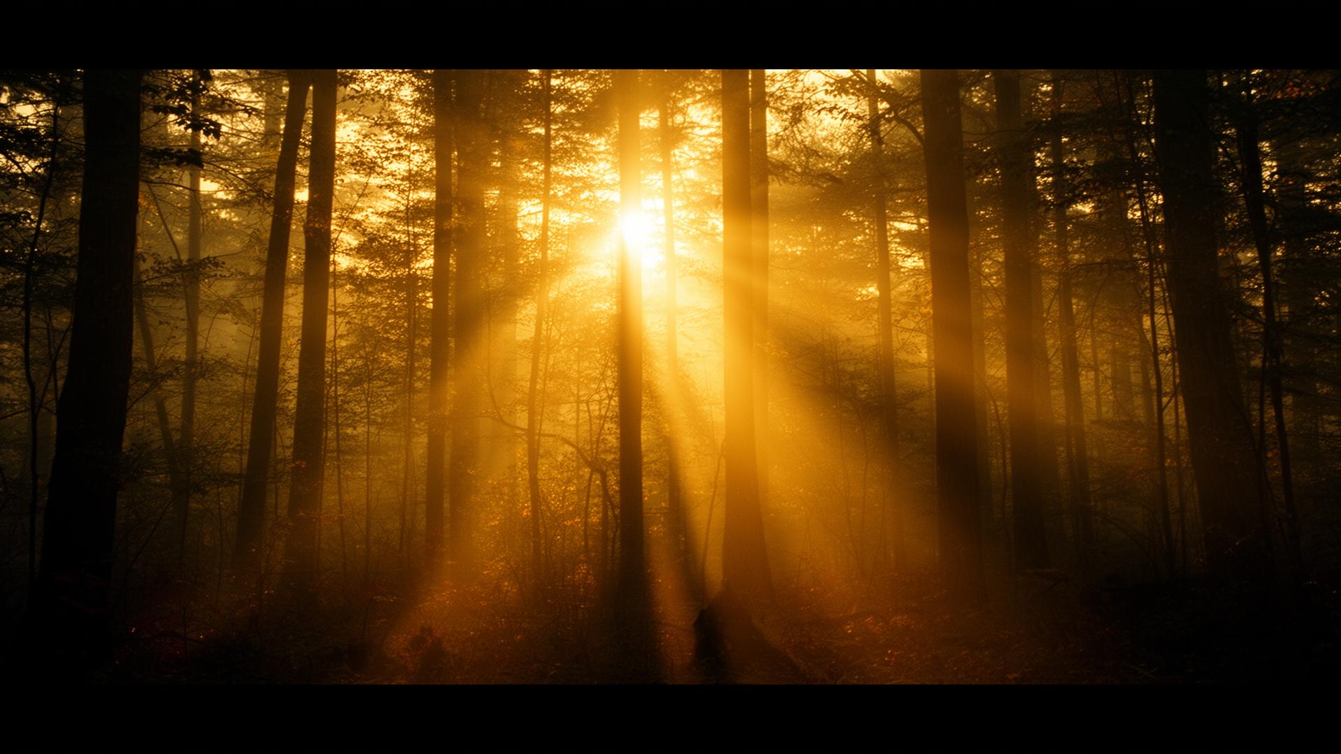 Golden light breaking through morning mist in a forest